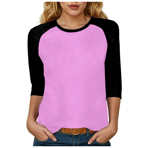 zaveiop Women's Color Block 3/4 Raglan Sleeves T-Shirt Loose Crew Neck Casual Tops Trendy Basic Pullover Casual Outfits 2025 (Light Purple, S)