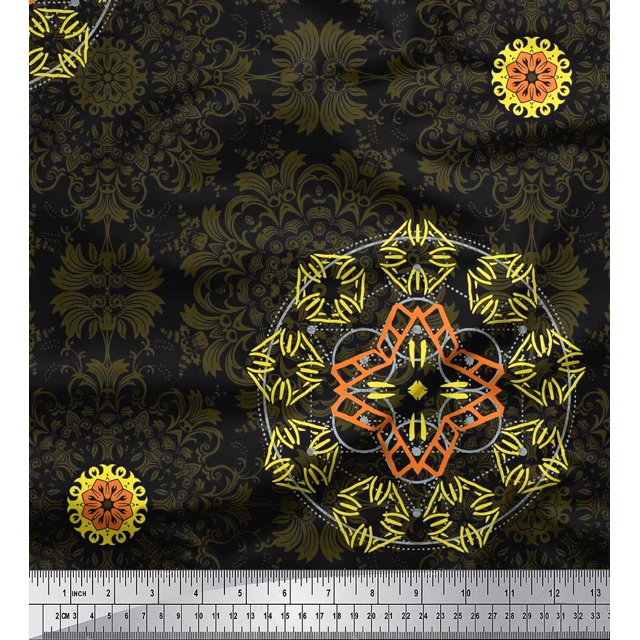Soimoi Moss Georgette Fabric Sacred Geometry & Filigree Damask Print Fabric by the Yard 42 Inch Wide
