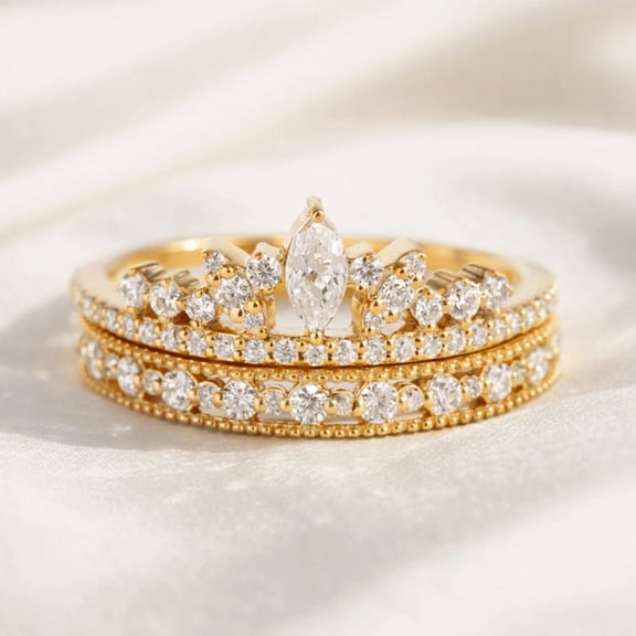 Jewelerix Marquise Cut Moissanite Diamond Crown Ring Set, Engagement 14K Yellow Gold Vermeil Ring, Stackable Wedding Band Set for Women
