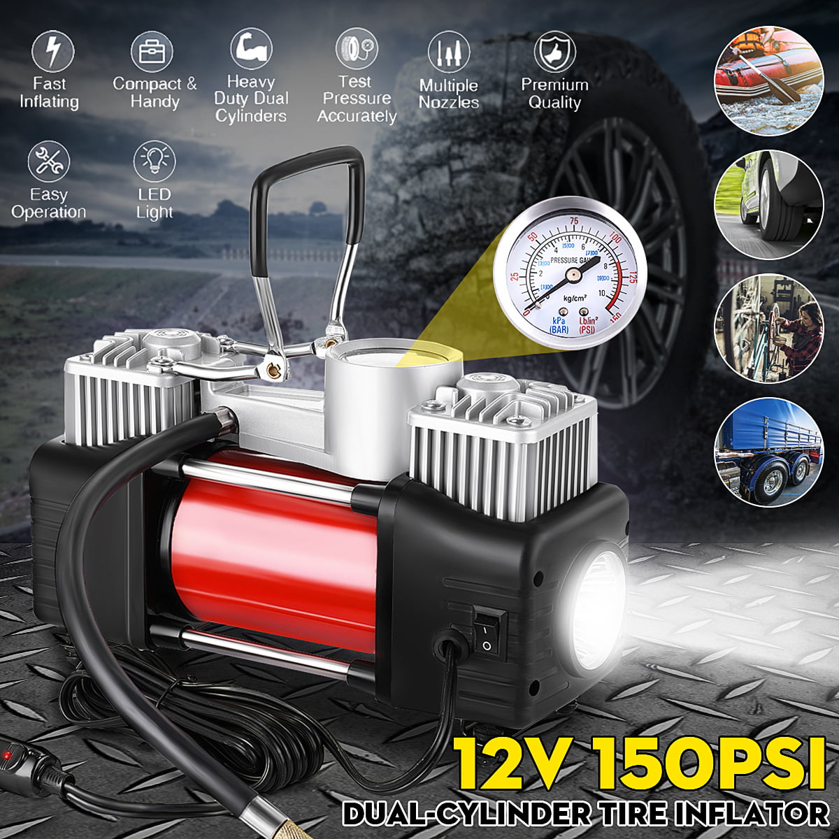 Heavy Duty Electric Air Tire Pump Inflator Auto Car Compressor 150 PSI W/ Light