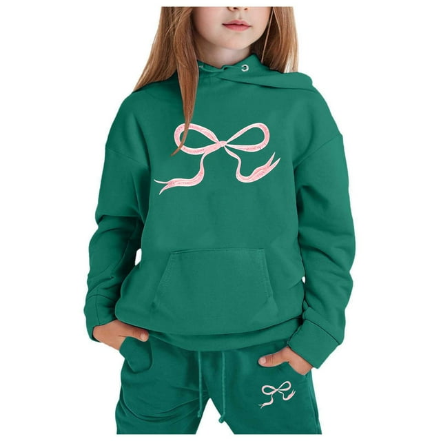 GDREDA Girls Outfit Set Children's Hoodie Set With Bow Print Dark Green,8-9Years