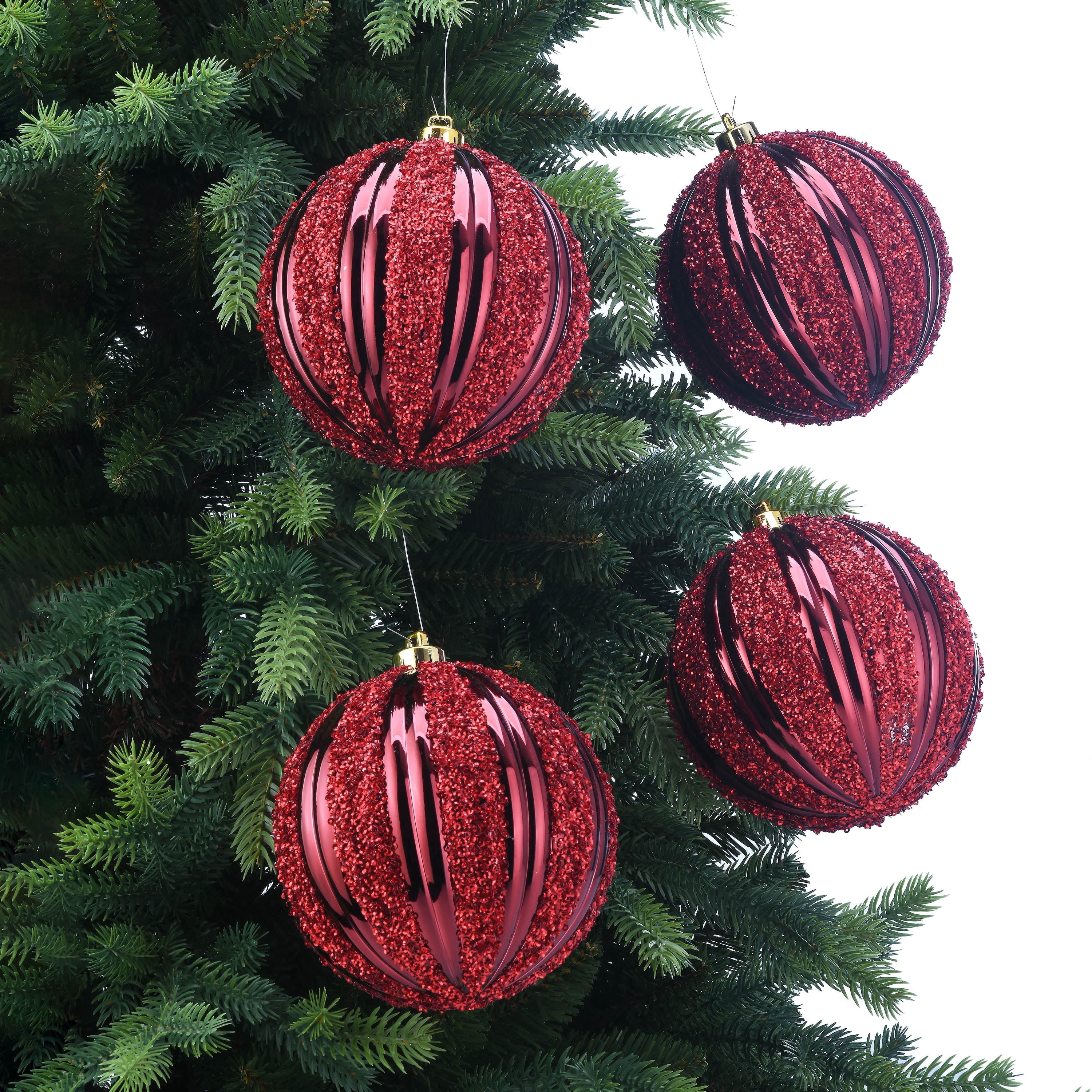 4-Count Dark Red Glitter Ribbed Shatterproof Christmas Ornaments, 7", by Holiday Time