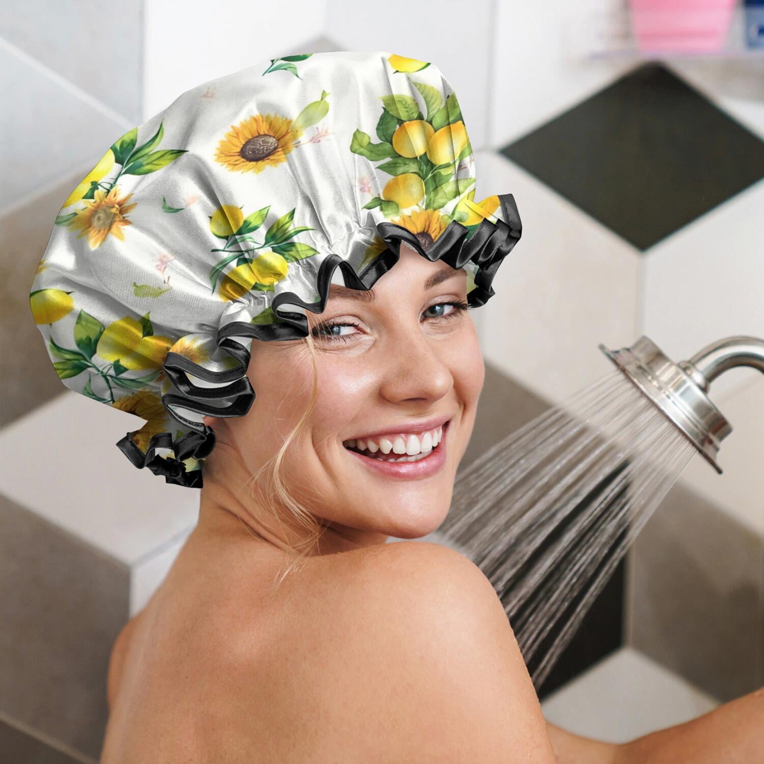 Shower Caps,Yellow Lemon Fruit Sunflowers White Pattern Waterproof Shower Cap for Women 4 Pieces,Double Reusable Hair Cover for Shower PEVA Elastic Stretch Hem