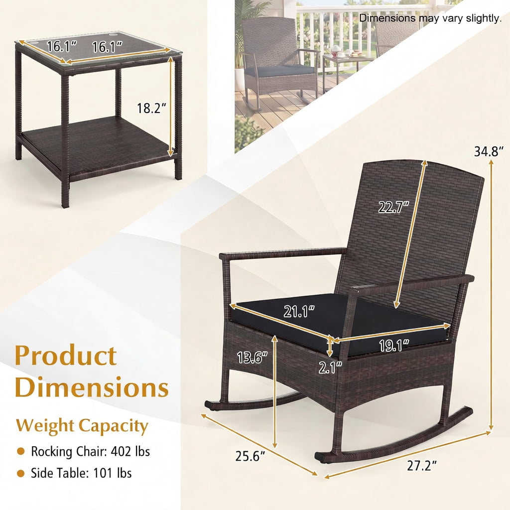 Hommoo 3-Piece Outdoor Rocking Bistro Set, PE Rattan Rocker Chairs + 2-Tier Tempered Glass Coffee Table, Black