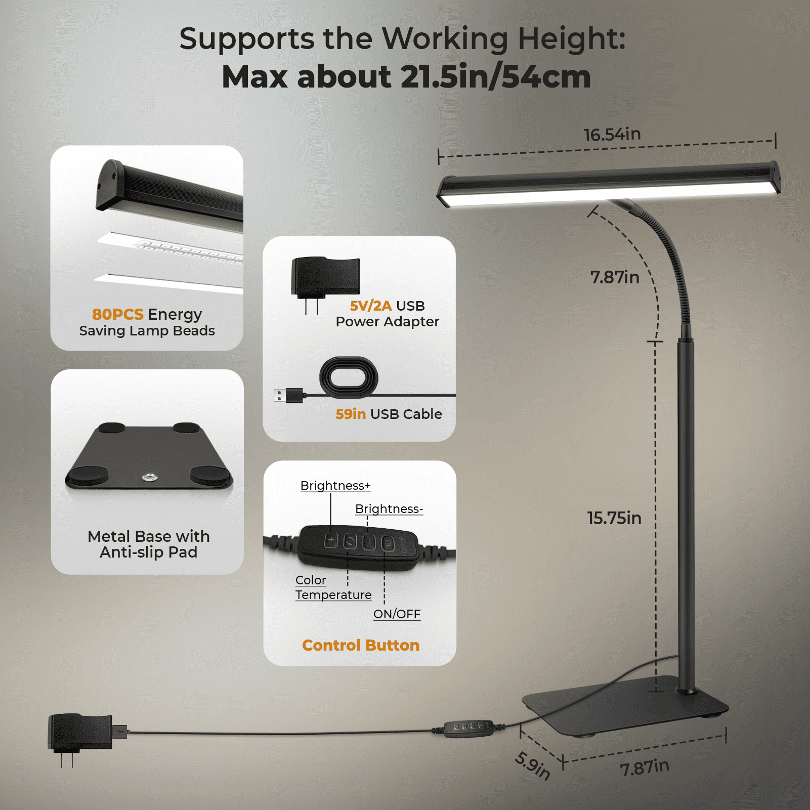 21.5" Adjustable Desk Lamp,Eye-Caring LED Desk Lamp with Memory Function & Anti-Glare, 3 Colors & 10 Brightness Levels, USB Powered Office Light for Home Office/Study/Artwork