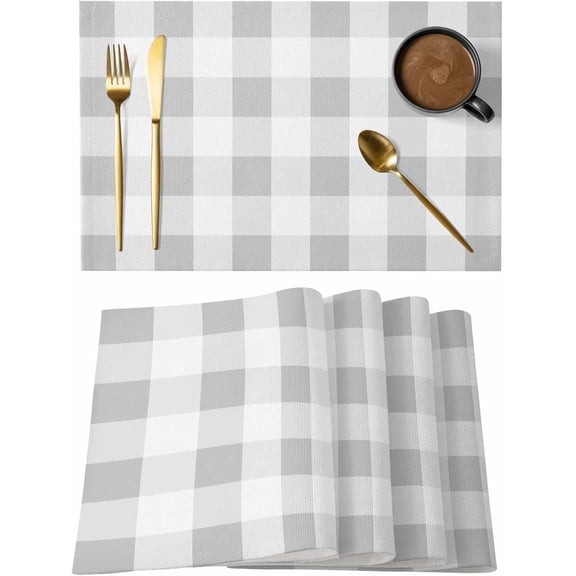 Light Grey White Plaid Placemats Set of 4 Washable Table Mats for Holiday Party, Indoor Outdoor Place Mats Farmhouse Decoration Buffalo Check Kitchen Dining Tabletop Decoration Placemat, 12x18IN
