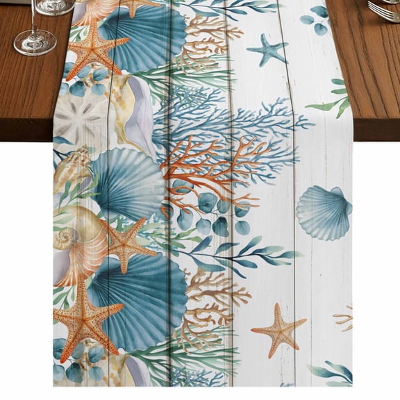 Table Runners 48 Inches Long Dress Scarves, Teal Blue Coastal Farmhouse Kitchen/Dining Table Runner, Short Coffee Tablerunners, Summer Beach Starfish Shell Coral Nautical Vintage 13x48 Inch