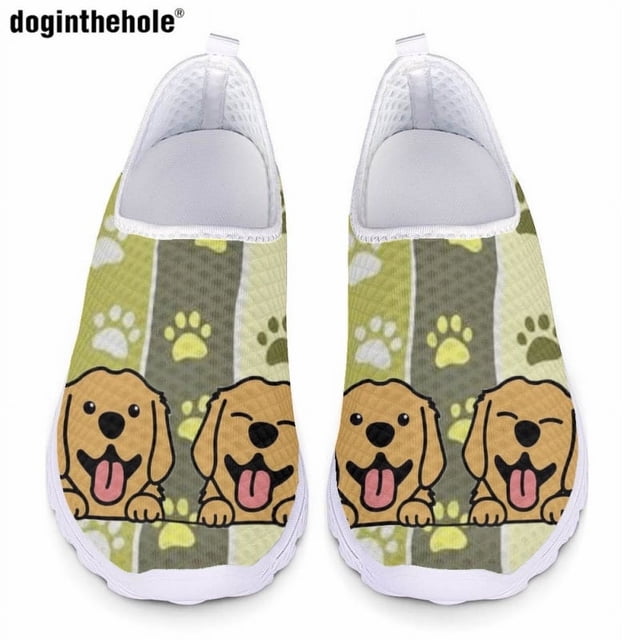 Doginthehole - Zapatos planos informales para mujer, de malla, ligeros, transpirables, sin cordones, con dibujos de cachorros, color blanco