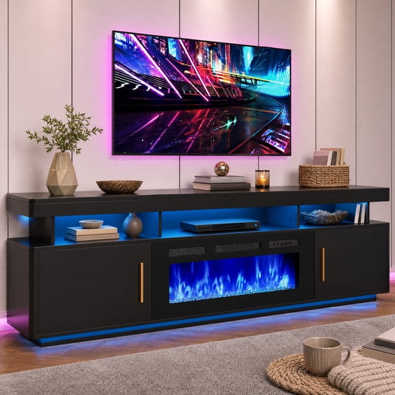 Seetech 70" Fireplace TV Stand with 36'' Fireplace for TVs Up to 80", Entertainment Center with LED Lights and Storage Cabinet, Black