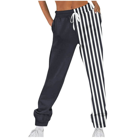 Ahdbta Joggers Sweatpants for Women Lounge Drawstring Elastic Waist Pants Trendy Stripe Color Block Straight Trousers with Pockets