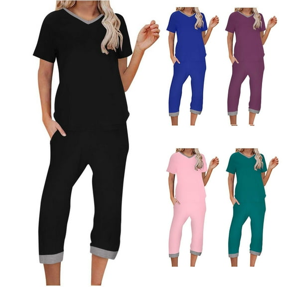 Womens Pajama Set Short Sleeve Shirt and Capri Pants Ladies Pajamas 2 Piece Lounge Sleepwear Pjs Set with Pockets