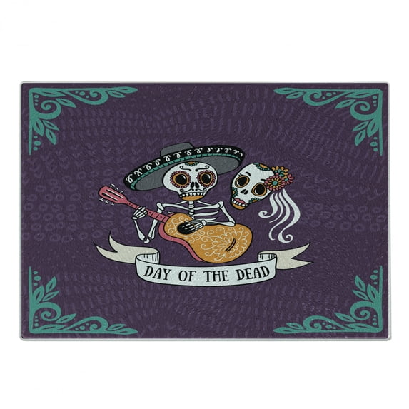 Day of the Dead Cutting Board, Invitation to Traditional Celebration Party with Mexican Music Performance, Decorative Tempered Glass Cutting and Serving Board, Small Size, Multicolor, by Ambesonne