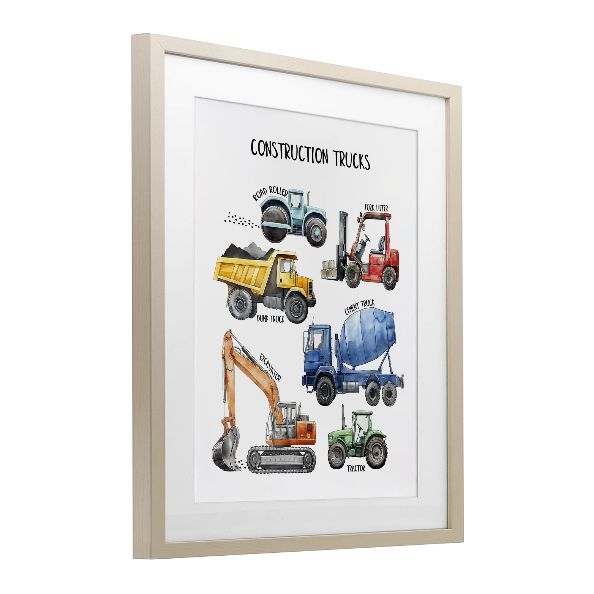 Construction Trucks Machinery Birch Framed Print Under Glass, design by Christine Simpson Art