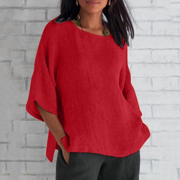 3/4 Sleeve Shirts For Women,Fashion Women New Style Cotton Linen Solid Color Shirts Loose Fit Crewneck Blouses Summer Casual Ladies Tops