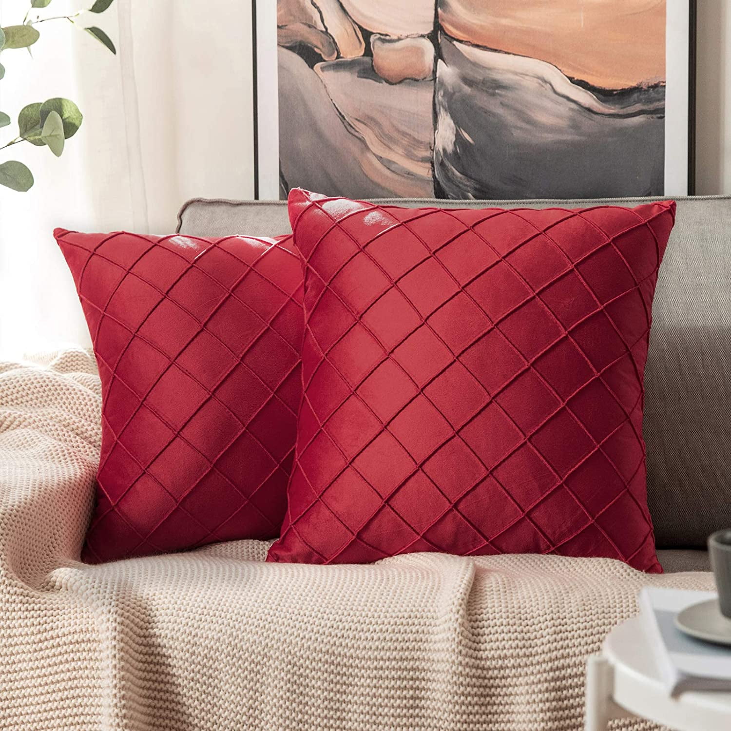 IGUOHAO Velvet Throw Pillow Covers Decorative Square Soft Solid Pillowcases Plaid 18 X 18 Inch Aqua Green Couch Pillows Set of 2 Cushion Covers with Invisible Zipper for Sofa Bedroom Living Room Walma...