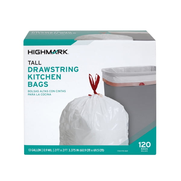 Highmark 0.9mil Drawstring Trash Bags, 13 Gallons, White, Box Of 120