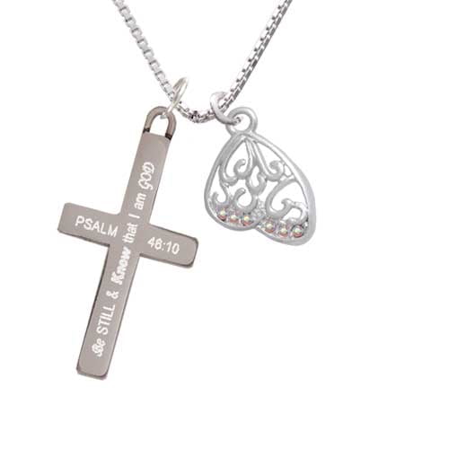 Silvertone Open Clear AB Crystal Butterfly Wing - Be Still and Know - Cross Necklace