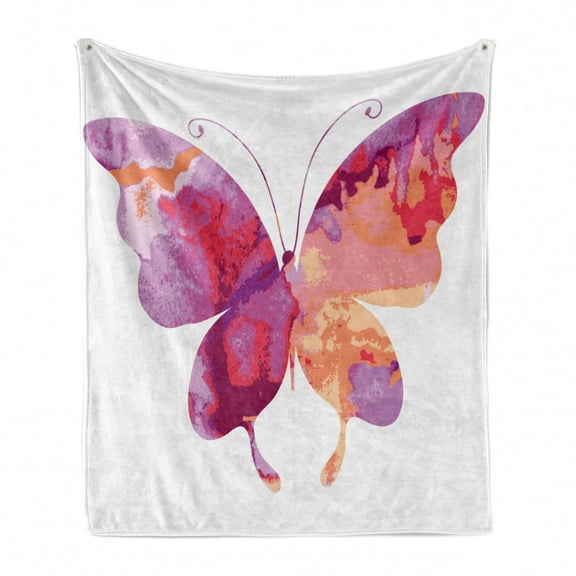 Watercolor Soft Flannel Fleece Throw Blanket, Aquarelle Butterfly in Vibrant Colors Wings Artwork, Cozy Plush for Indoor and Outdoor Use, 50" x 60", Fuchsia Salmon and Pink, by Ambesonne