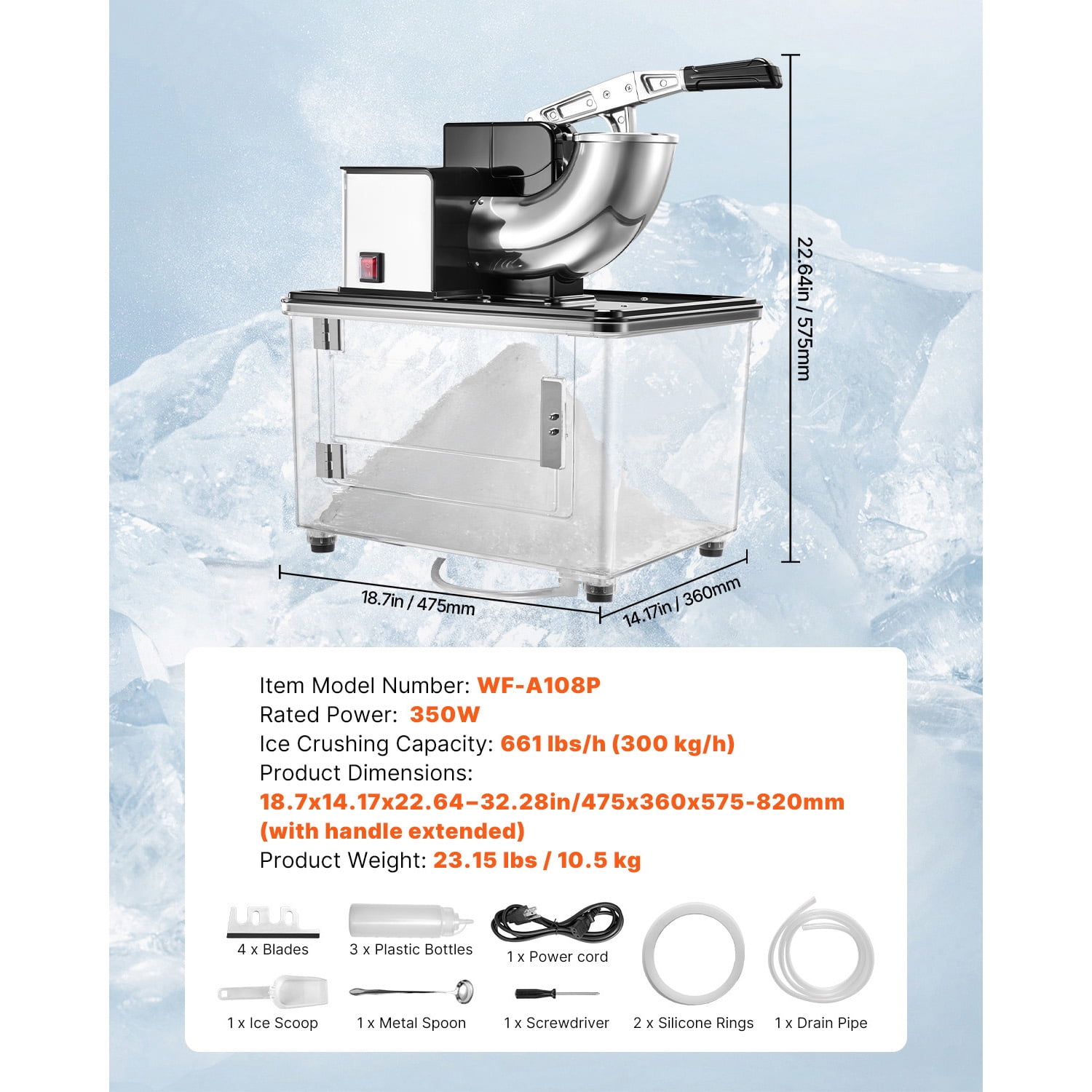 KFFKFF Commercial Ice Crusher 661LBS/H, 350W Electric Snow Cone Machine with 4 Blades, 2000RPM Stainless Steel Shaved Ice Maker with 11 Gal Ice Storage, Ideal for Homes, Restaurants, and Bars, Black
