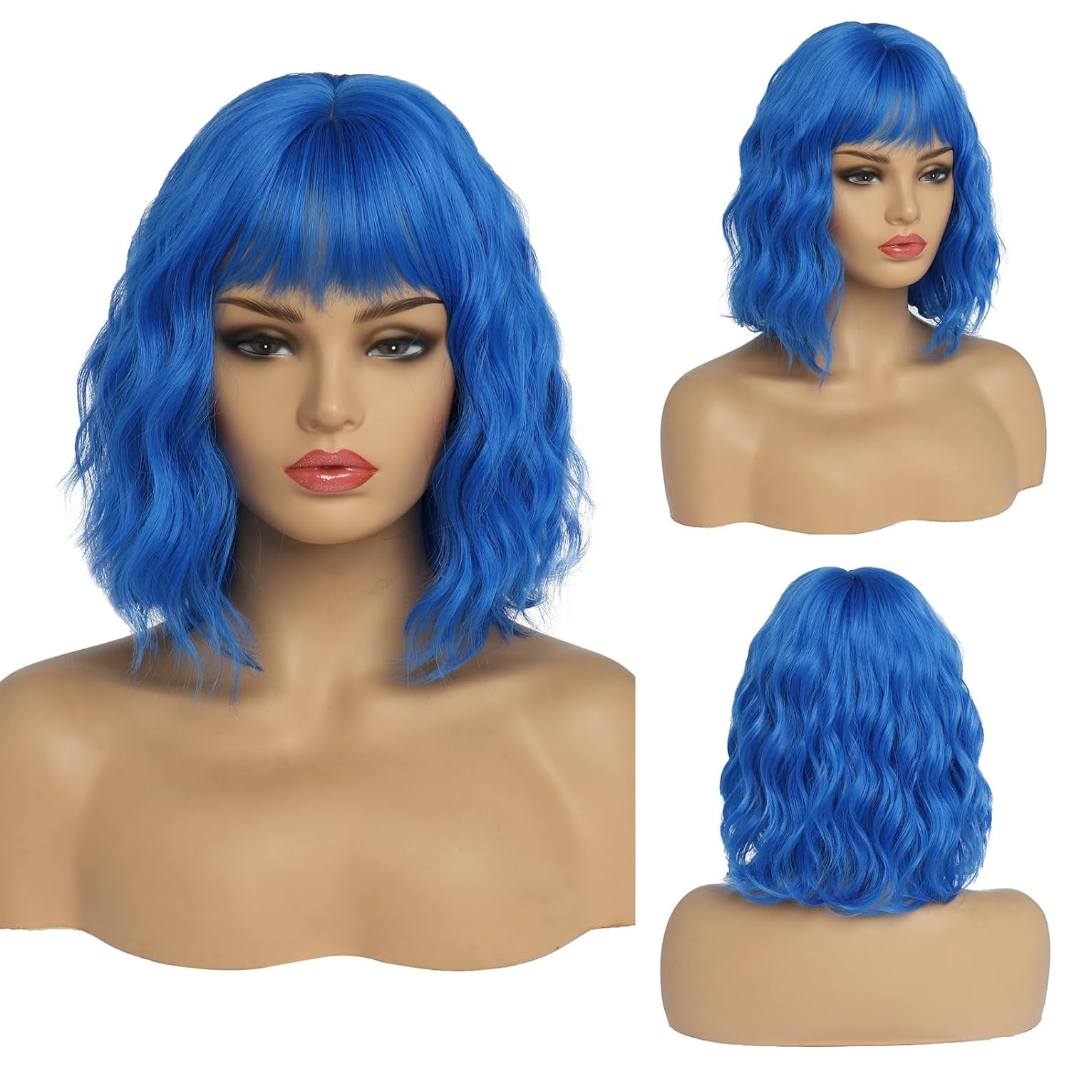 SUCS Short Wigs for Women Grey Wavy Bob Wig with Bangs Medium Length Synthetic Hair Water Wave Dark Roots Wig Gray Colorful Wigs（12 Inches）