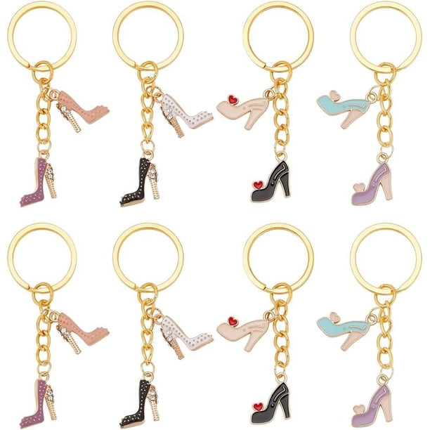8 llaveros colgantes con forma de zapatos de tacón alto, de esmalte, con anilla de hierro. Llaveros de moda para mujer.