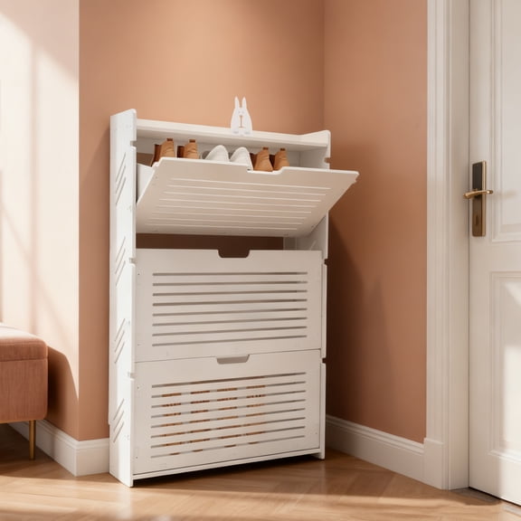 3 Tier Shoe Storage Cabinet, White Tipping Shoe Cabinet, Shoe Rack Cabinet for Entryway, Ultra-Thin Shoe Cabinet, Shoe Organizer, for Entrance, Living Room, Foyer