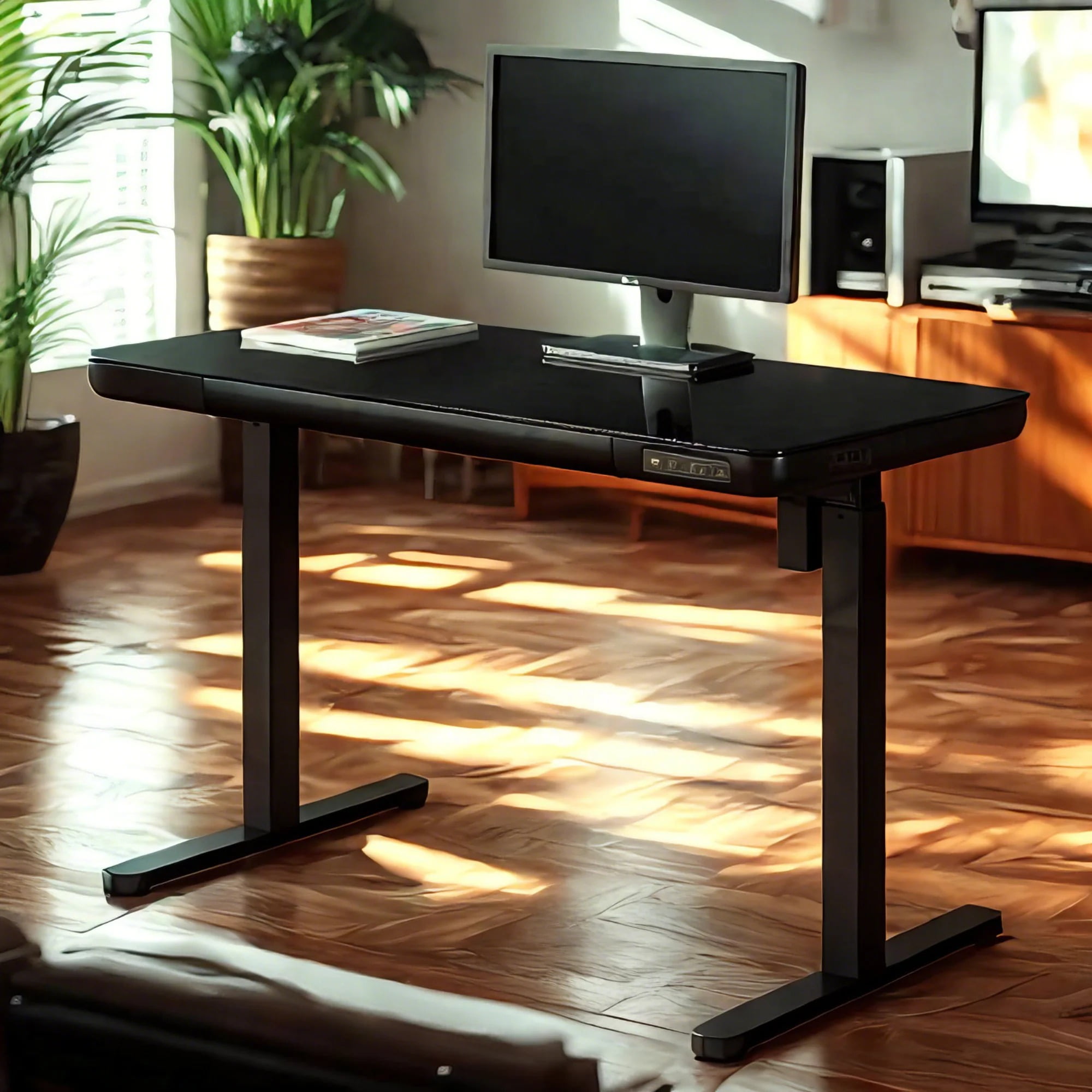 KOWO48" K3024 Electric Height Adjustable Standing Desk with Tempered Glass Top，47.2 x 23.6 in, Black, 1 Pack