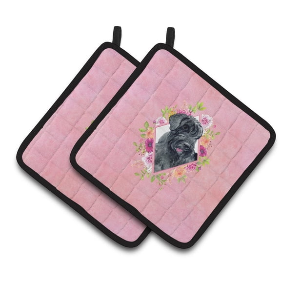 Giant Schnauzer Pink Flowers Pair of Pot Holders