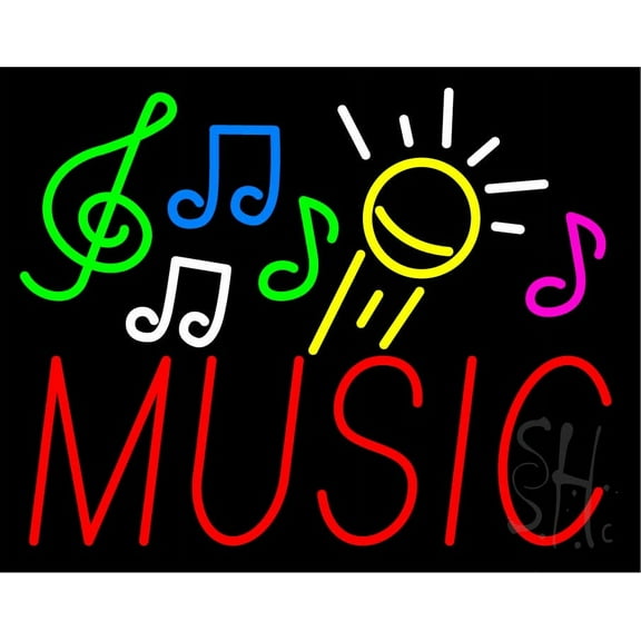 Red Music with Musical Notes LED Neon Sign 24" Tall x 31" Wide - inches Black Square Cut Acrylic Backing, with Dimmer - Premium built indoor Sign for Studio, Club, Décor, Event, Storefront.