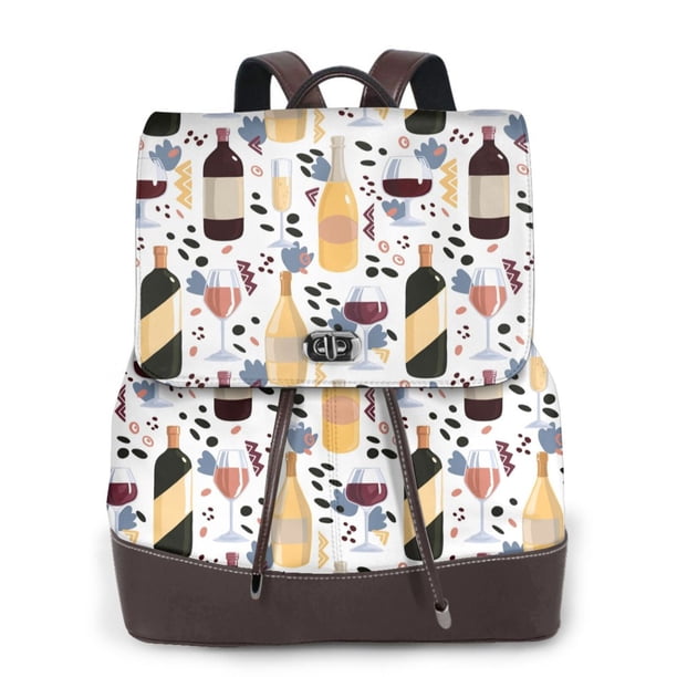 Easygdp Wine Bottles Glasses Mochila de Cuero para Mujeres, Bolso de Hombro, Bolsos de Mano de Moda para Trabajo y Viajes