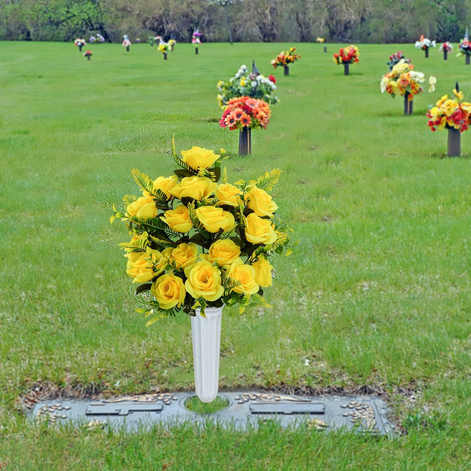 Artificial Cemetery Flowers with Vase, Set of 2 Artificial Rose Bouquet Graveyard Memorial Flowers for Cemetery Headstones Decoration (Yellow-2Pcs)