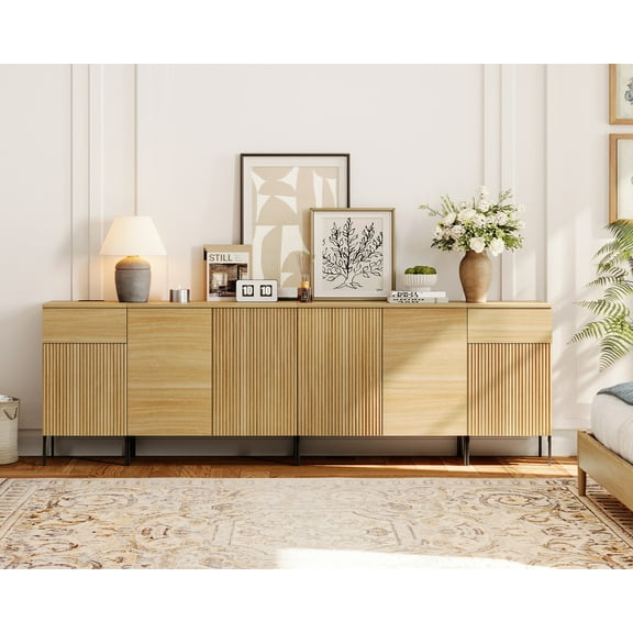 94.5" Modern Wood Reeded Drawer Dresser with Doors, Minimalist Dresser Organizer Storage Cabinet With Charging Station for Bedroom,Living room, Entryway