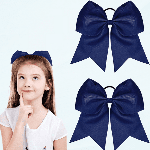 2 Packs Cheerleading Bow 8 Inch Cheer Hair Bows Large Cheerleading Hair Bows with Ponytail Holder for Teen Girls Softball Cheerleader Outfit Uniform (Navy Blue)