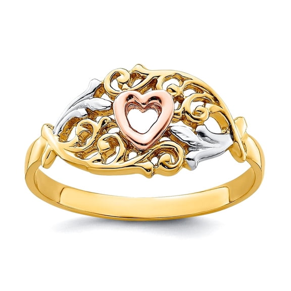 14k Yellow and Rose Gold With Rhodium Love Heart Ring Size 6 Statement Ring for Women - 1.8 Grams