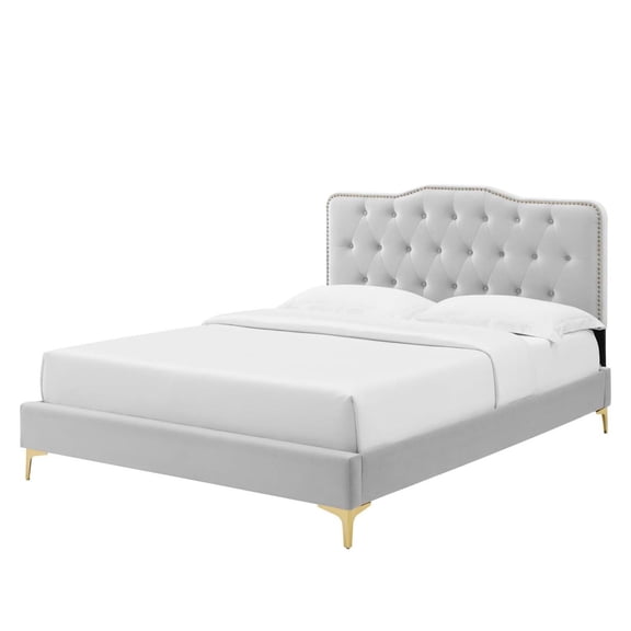 Platform Bed Frame, Tufted, Rivet Nailhead, Twin, Light Grey Gray, Velvet, Bedroom, Modern Contemporary Boutique HB35324