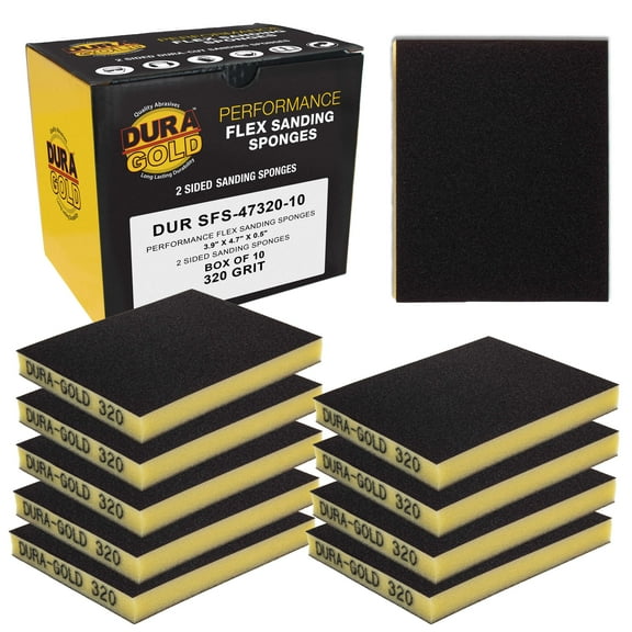 Dura-Gold 320 Grit Double-Sided Sanding Sponges, Box of 10 - Performance Flex 4.7" x 3.9" Wet or Dry Flexible Softback Sandpaper Sponges, Hand Sanding Abrasive Block Pad