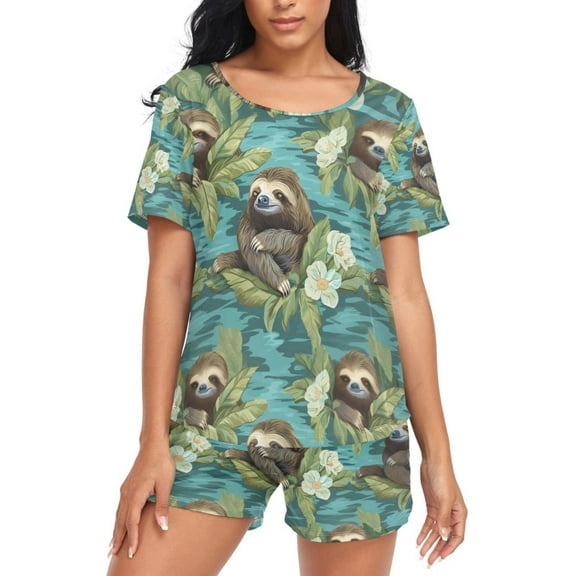 joogoo Women's Pajama Set Sloth and Flowers Short Sleepwear Loungewear with Pockets M