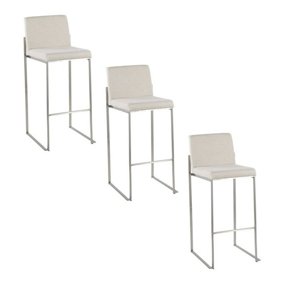 LumiSource Fuji High Back 30" Fixed-Height Barstool - Set of 3 in Stainless Steel