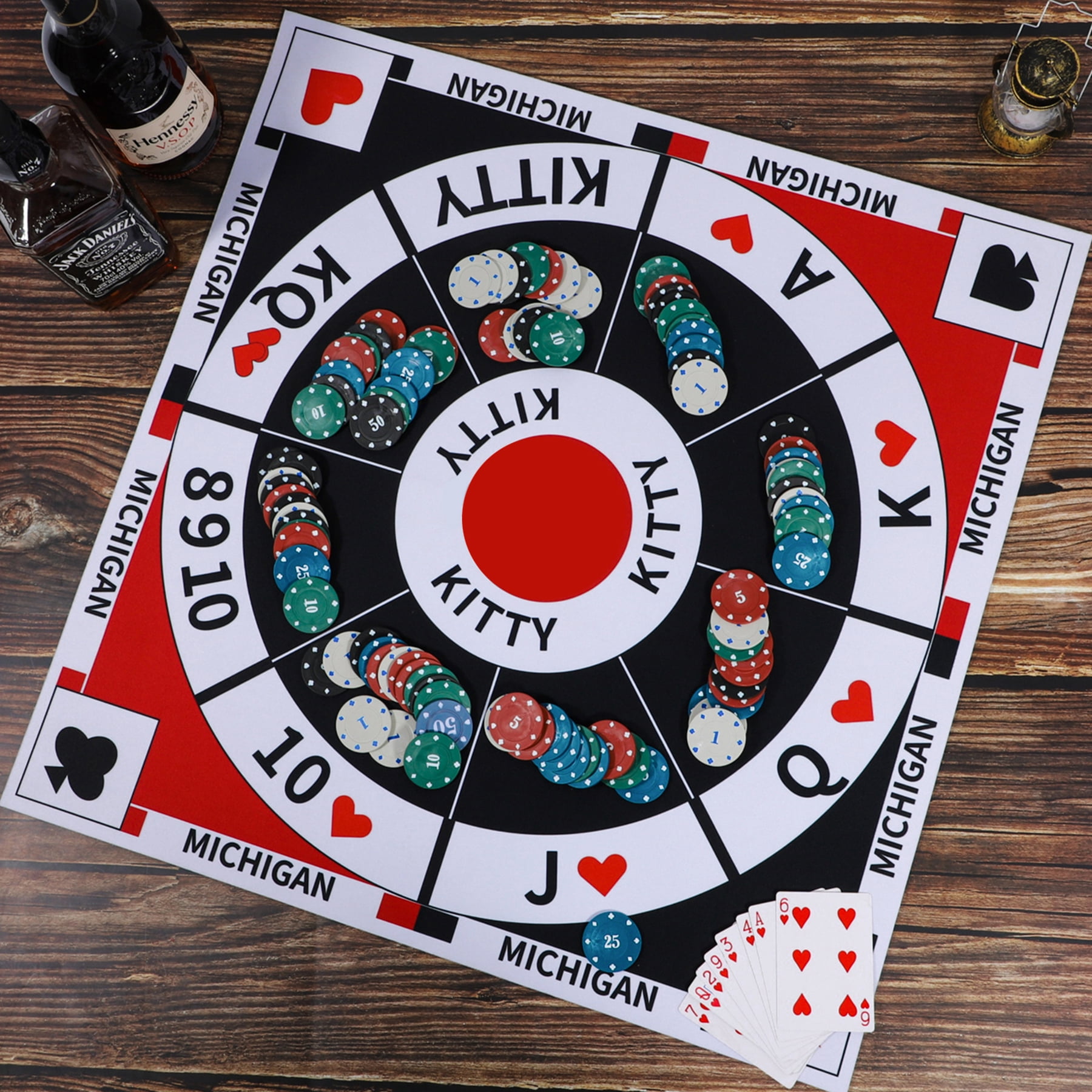 Grhonior Michigan Rummy Board Game Set Tripoley Felt Mat Foldable Original Combination of Joker Rummy Hearts and Poker Includes 2 Decks of Cards and 200 Numbered Poker Chips