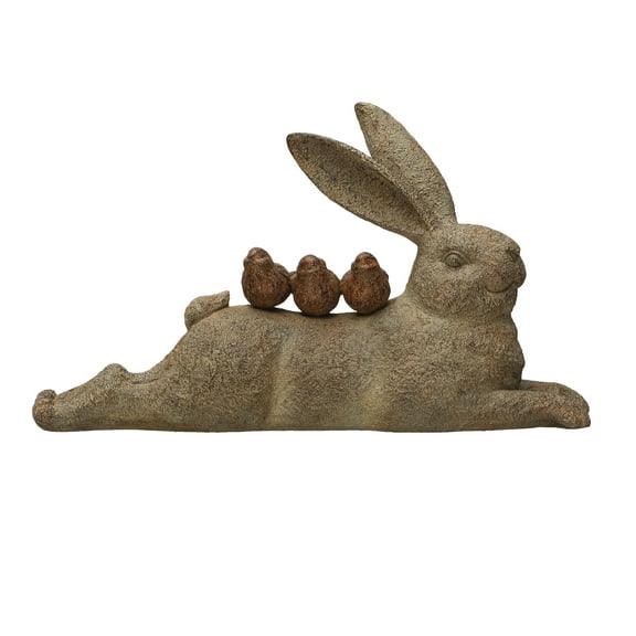 Creative Co-Op Decorative Resting Rabbit with Birds Figurine, Brown