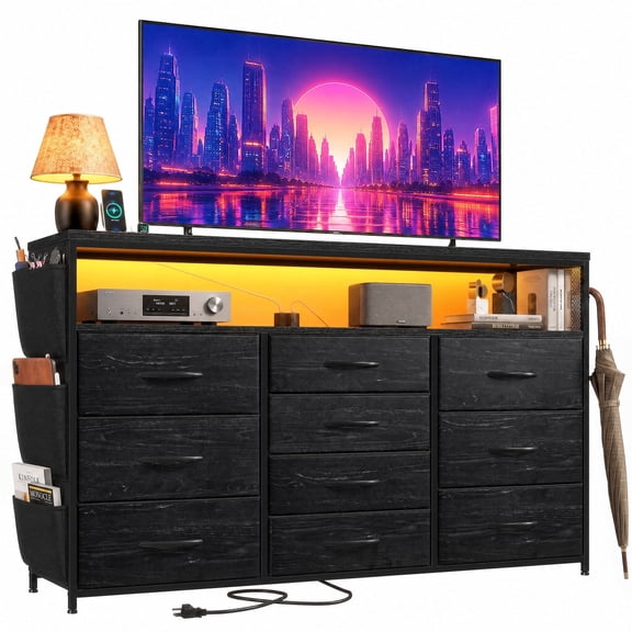 10 Drawer Dresser for Bedroom,Fabric Storage Dresser with LED Lights and Charging Station,TVs Up to 55 Inch,Chests of Drawers with Open Shelves,Side Pockets & Hooks for Hallway,Black