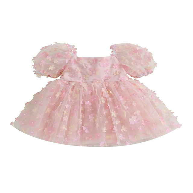 Robe pour Filles, Décor de Fleurs, Manches Courtes Bouffantes, Nœud au Dos, Robe Trapèze, Robe d'Été pour Concours et Fête, Robe de Princesse