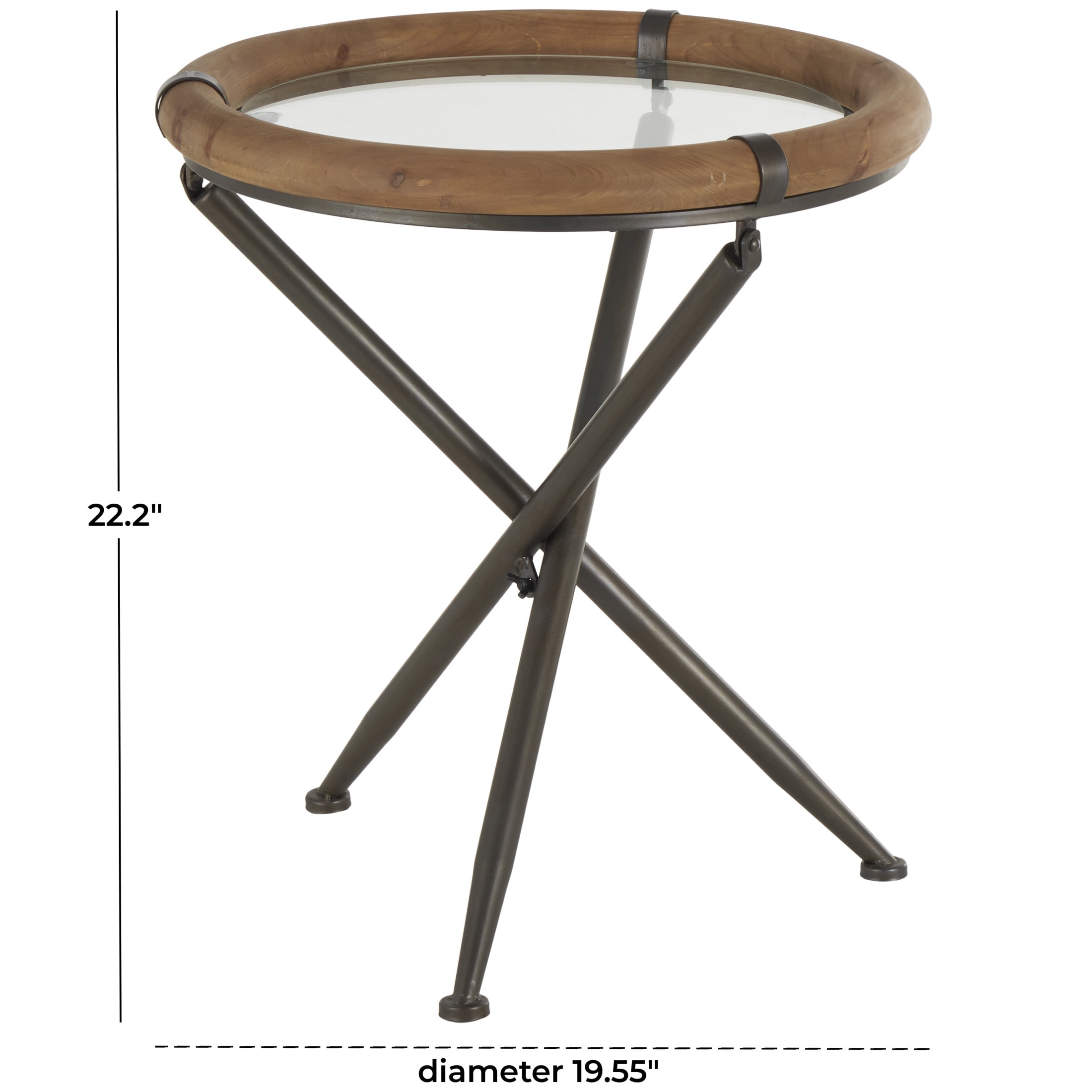 DecMode 20" x 22" Brass Metal Round Accent Table with Brown Wooden Framed Glass Tabletop, 1-Piece