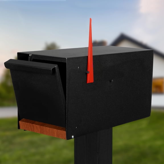 Ilyapa Modern Mailbox for Post Mount - Black Powder Coated Metal Mailbox with Printed Redwood Grain Trim - Waterproof for Parcels, Magnetic Close Door