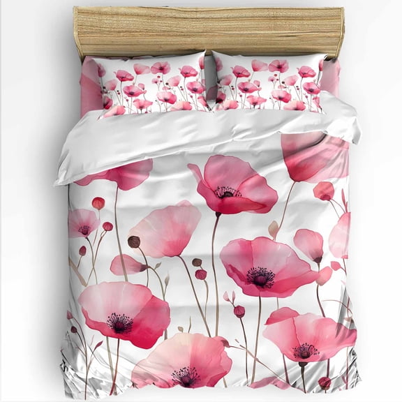 Red Poppy Flower Full Size Comforter Set, Spring Floral Botanical Plant Soft Bedding for All Seasons, 4 Pcs Bed Set with 1Comforter (86"x86") ,1 Sheet(80"x116"), 2 Pillowcases (19"x29")