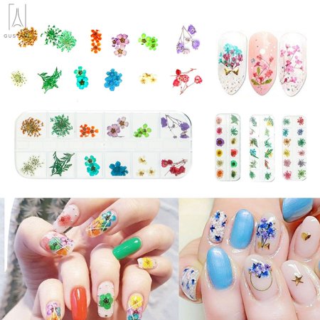 Gustavedesign 12 Colors Nail Dried Flowers, 3D Nail Art Sticker DIY for Tips Manicure Decor Mixed Accessories, Starry Leaves Flower Box Set