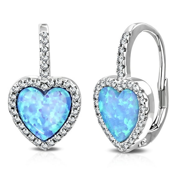925 Sterling Silver Clear CZ Simulated Blue Opal Love Heart Hoop Dangle Earrings, 0.75"
