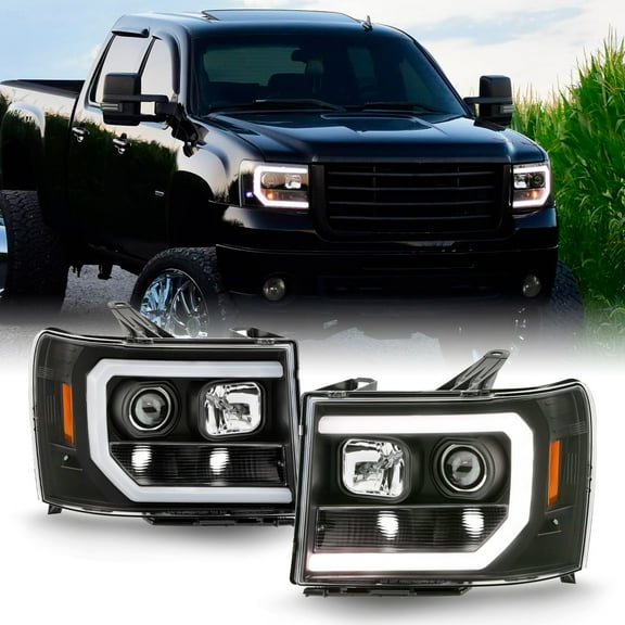 AKKON - Fits 2007-2013 GMC Sierra 1500 2500HD 3500HD LED [C-Tube] Projector Headlights [Black Edition] Pair Driver   Passenger