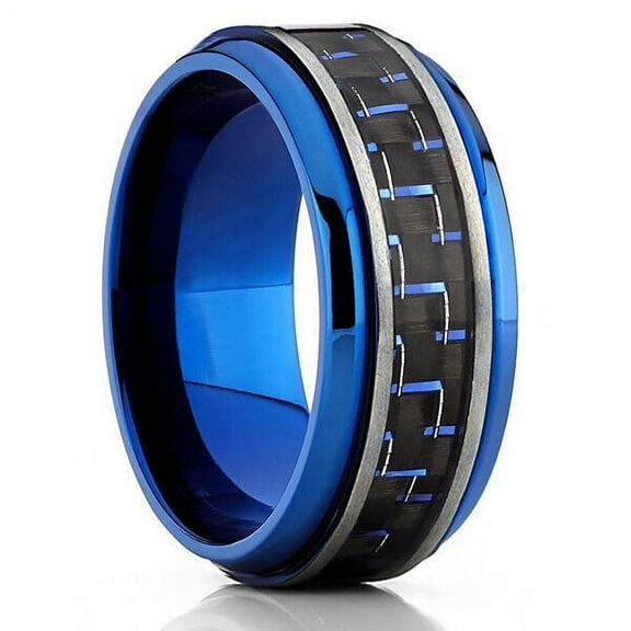 Wedding Rings For Men 8mm Blue Titanium Band Black & Blue Dash Carbon Fiber