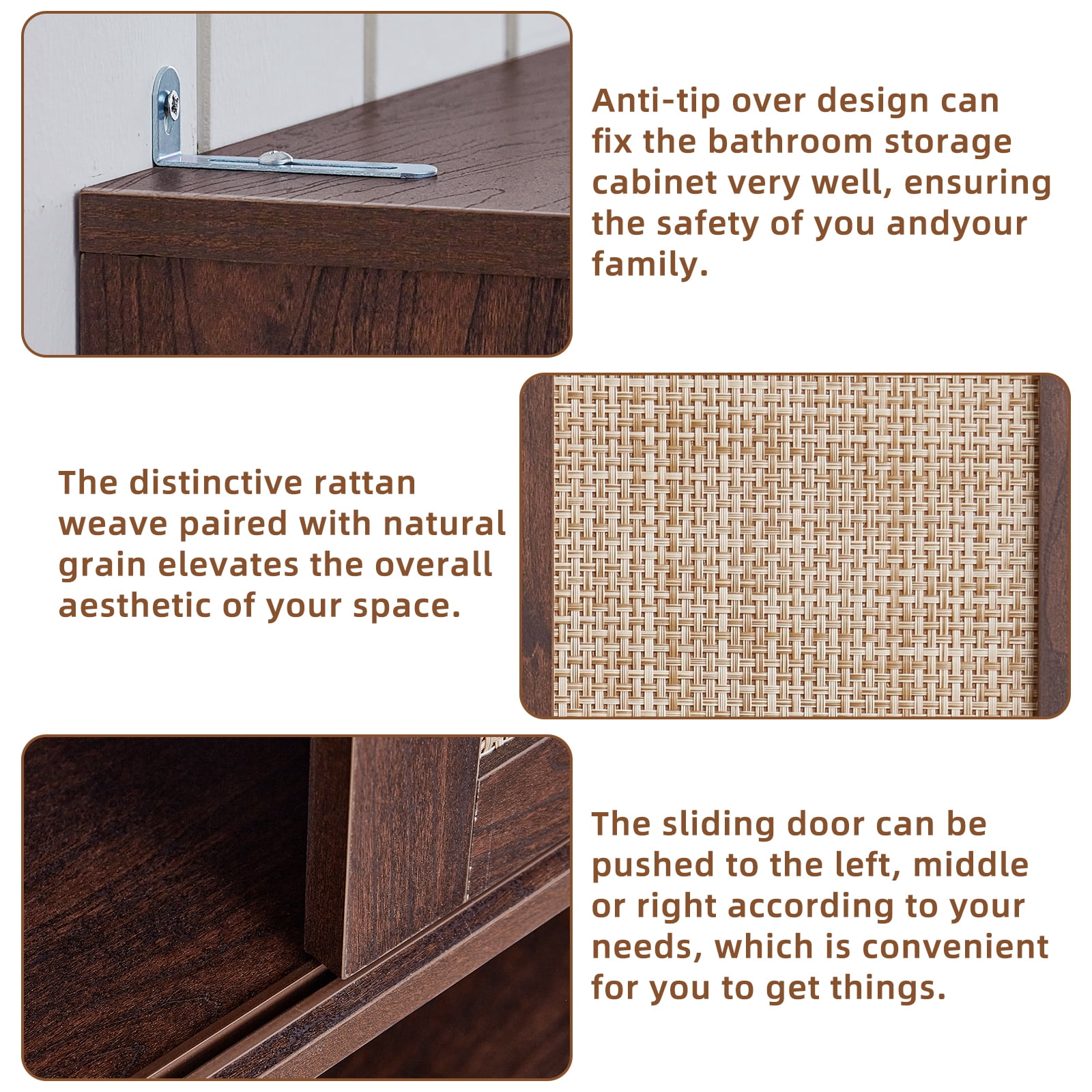 LELELINKY Over The Toilet Storage Cabinet with Rattan Sliding Door, 68" Tall Wood Bathroom Organizer with Adjustable Shelf for Small Spaces, Walnut